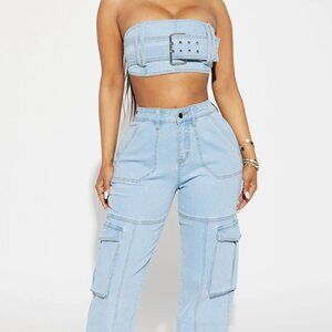 Fashion Nova Go All Out Denim Pant Set - Light Wash